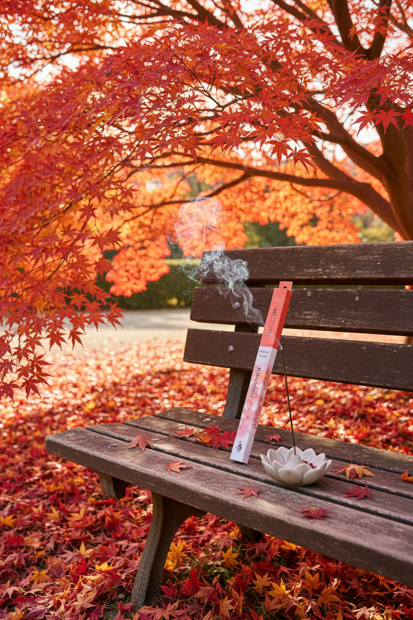 Incenso Giapponese Shoyeido Daily Kyonishiki Foglie d Autunno su una panchina sotto un albero di acero rosso - Erboristeria La Clessidra Carpi