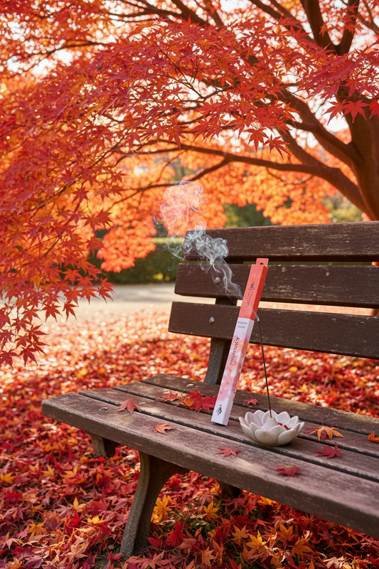 Incenso Giapponese Shoyeido Daily Kyonishiki Foglie d Autunno su una panchina sotto un albero di acero rosso - Erboristeria La Clessidra Carpi