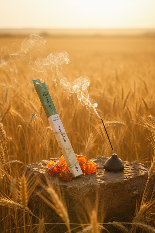 Incenso Giapponese Shoyeido Daily Hoyei-Koh Tesoro Eterno in un campo di grano al sole con pezzi di ambra luminosa - Erboristeria La Clessidra Carpi