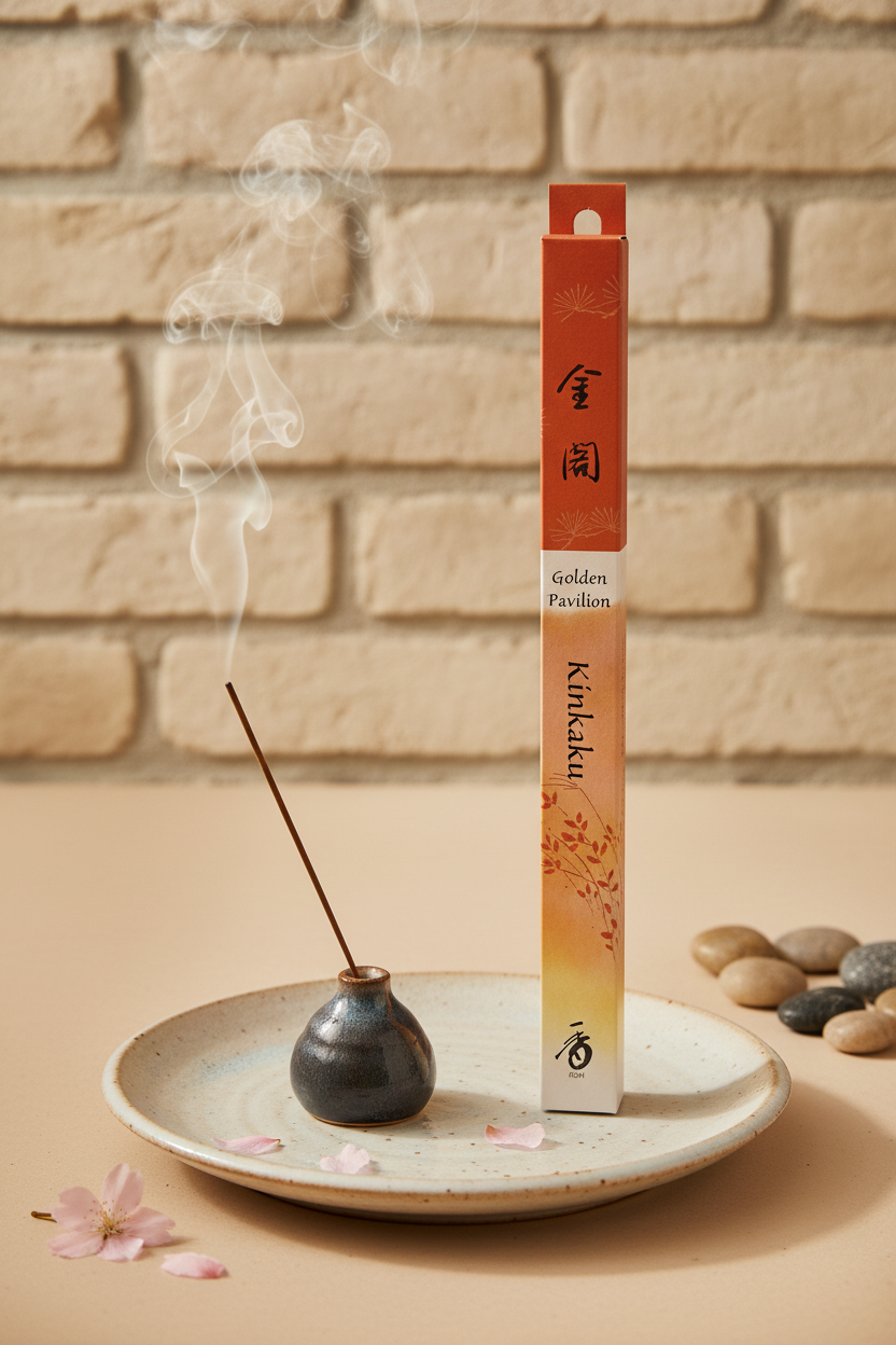 Incenso Giapponese Shoyeido Daily Kinkaku Padiglione d Oro acceso su ceramica con petali e sassi su sfondo di mattoni antichi - Erboristeria La Clessidra Carpi