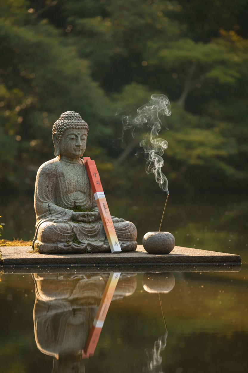 Incenso Giapponese Shoyeido Daily Kinkaku Padiglione d Oro acceso vicino a statua di Buddha che si specchia nel lago - Erboristeria La Clessidra Carpi