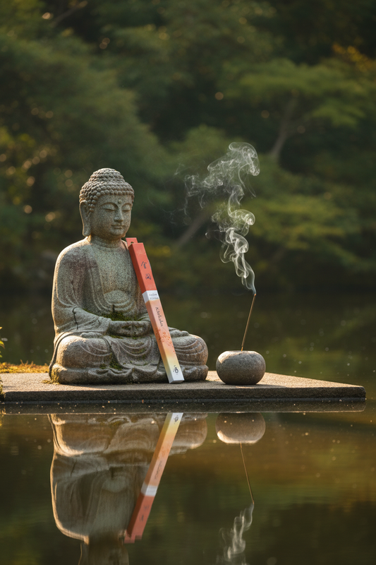 Incenso Giapponese Shoyeido Daily Kinkaku Padiglione d Oro acceso vicino a statua di Buddha che si specchia nel lago - Erboristeria La Clessidra Carpi