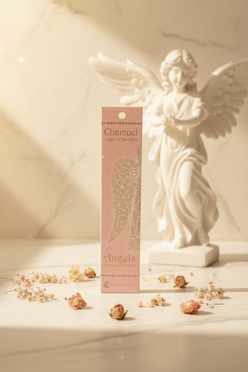 Incenso Naturale Fiore d'Oriente Arcangeli Arcangel Chamuel su marmo bianco con fiori secchi e  angelo - Erboristeria La Clessidra Carpi
