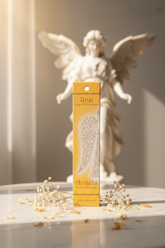 Incenso Naturale Fiore d'Oriente Arcangeli Arcangel Uriel su marmo bianco con fiori secchi e angelo - Erboristeria La Clessidra Carpi