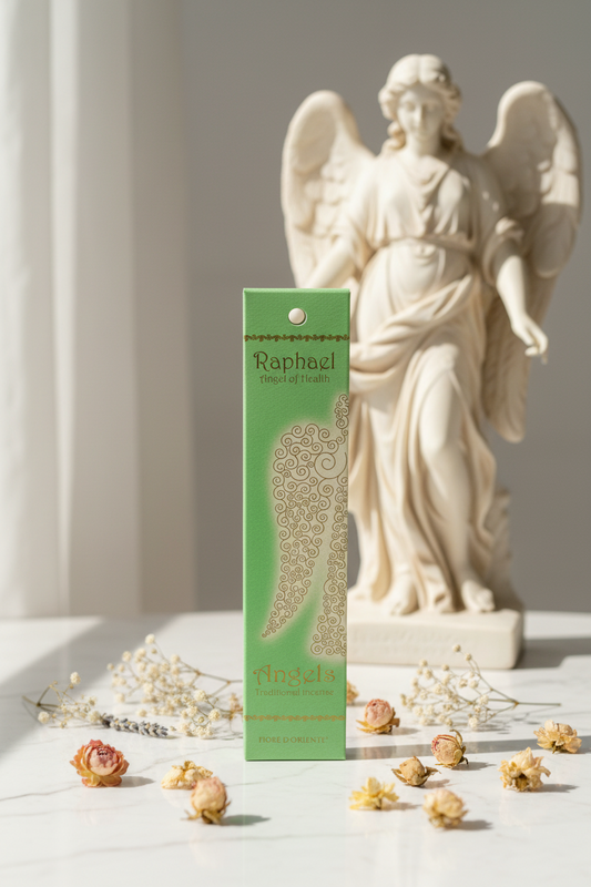 Incenso Naturale Fiore d'Oriente Arcangeli Arcangel Raphael su marmo bianco con fiori secchi e  angelo - Erboristeria La Clessidra Carpi