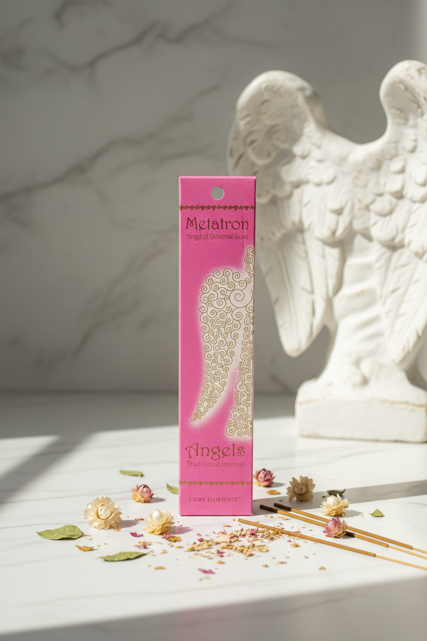 Incenso Naturale Fiore d'Oriente Arcangeli Arcangel Metatron su marmo bianco con fiori secchi e ali d angelo - Erboristeria La Clessidra Carpi