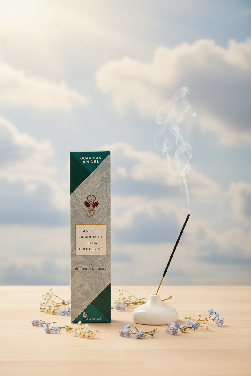 Incenso Dhanvantari Guardian Angel Angelo della Protezione scatola su legno chiaro con fumo e sfondo nuvole - Erboristeria La Clessidra Carpi