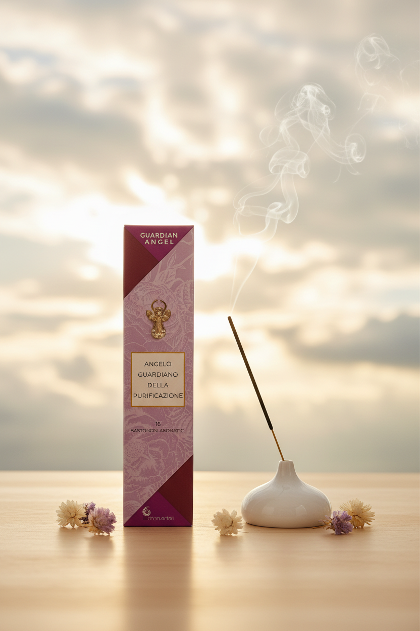 Incenso Dhanvantari Guardian Angel Angelo della Purificazione scatola su legno chiaro con fumo e sfondo nuvole - Erboristeria La Clessidra Carpi