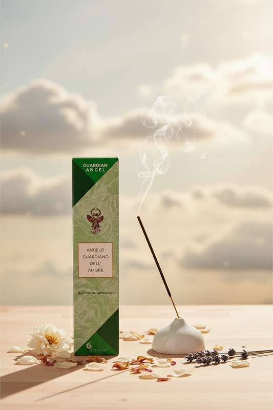 Incenso Dhanvantari Guardian Angel Angelo dell'Amore scatola su legno chiaro con fumo e sfondo nuvole - Erboristeria La Clessidra Carpi