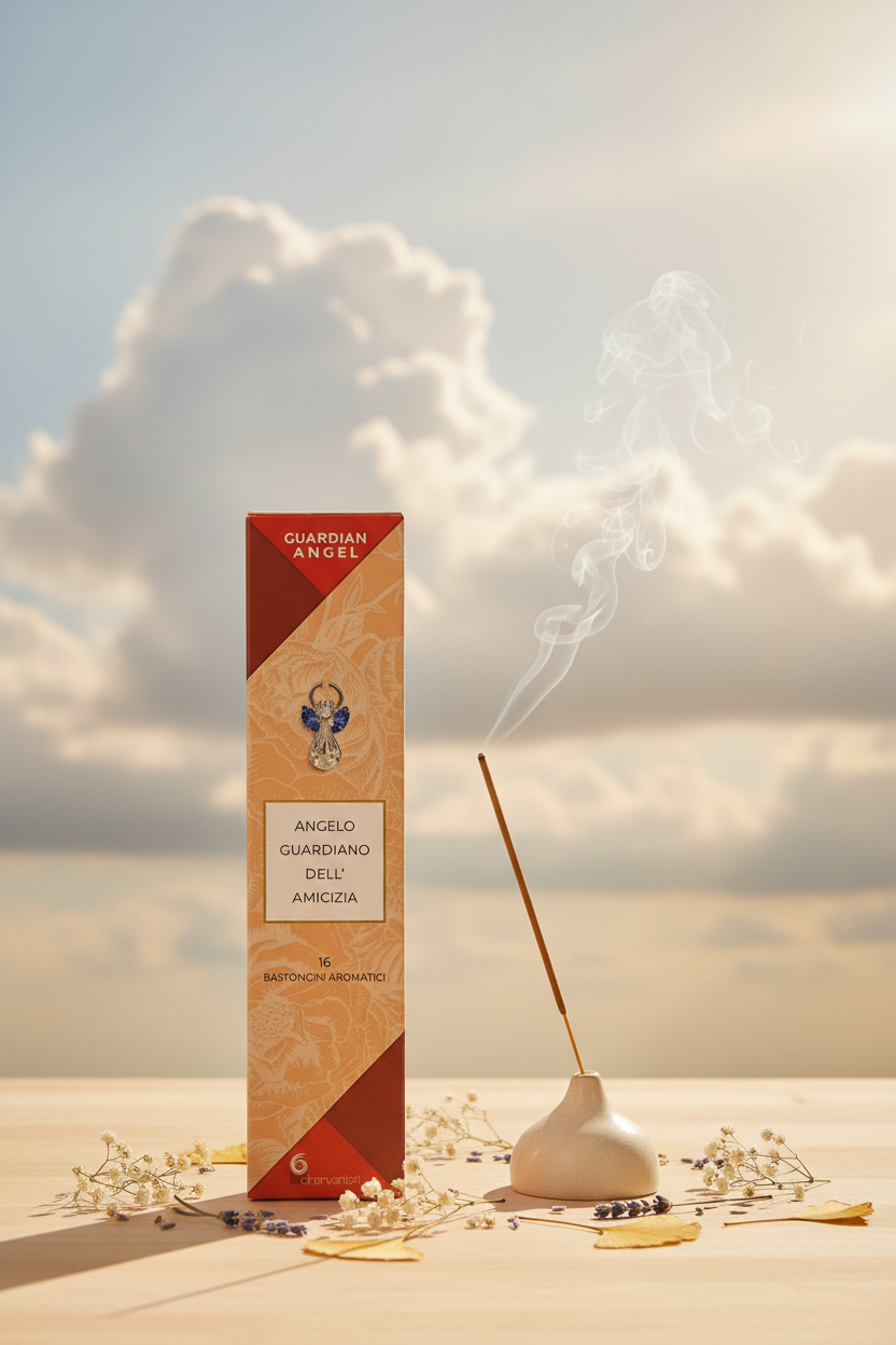 Incenso Dhanvantari Guardian Angel Angelo dell'Amicizia scatola su legno chiaro con fumo e sfondo nuvole - Erboristeria La Clessidra Carpi