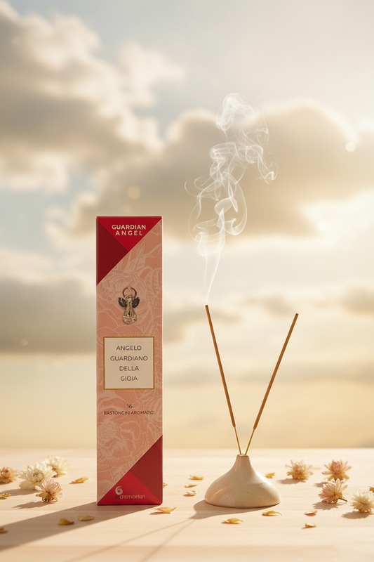 Incenso Dhanvantari Guardian Angel Angelo della Gioia scatola su legno chiaro con fumo e sfondo nuvole - Erboristeria La Clessidra Carpi