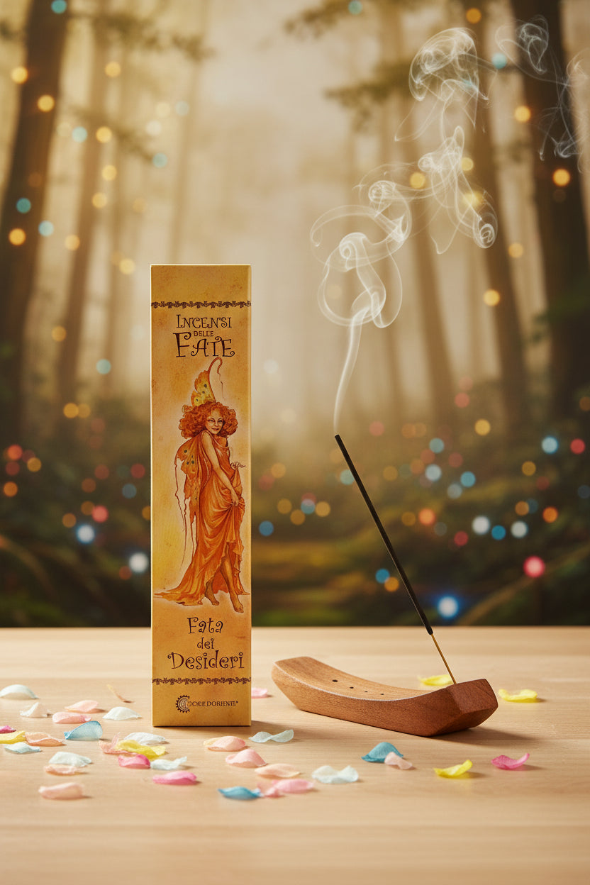 Incenso Fiore d'Oriente Linea delle Fate Fata dei Desideri scatola su legno chiaro con fumo e sfondo bosco incantato magico - Erboristeria La Clessidra Carpi