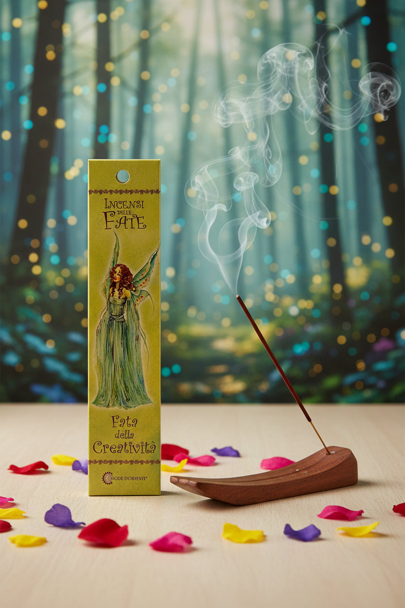 Incenso Fiore d'Oriente Linea delle Fate Fata della Creatività scatola su legno chiaro con fumo e sfondo bosco incantato magico - Erboristeria La Clessidra Carpi