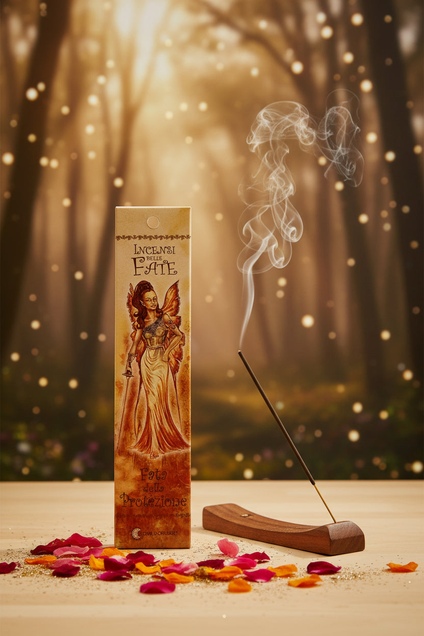Incenso Fiore d'Oriente Linea delle Fate Fata della Protezione scatola su legno chiaro con fumo e sfondo bosco incantato magico - Erboristeria La Clessidra Carpi