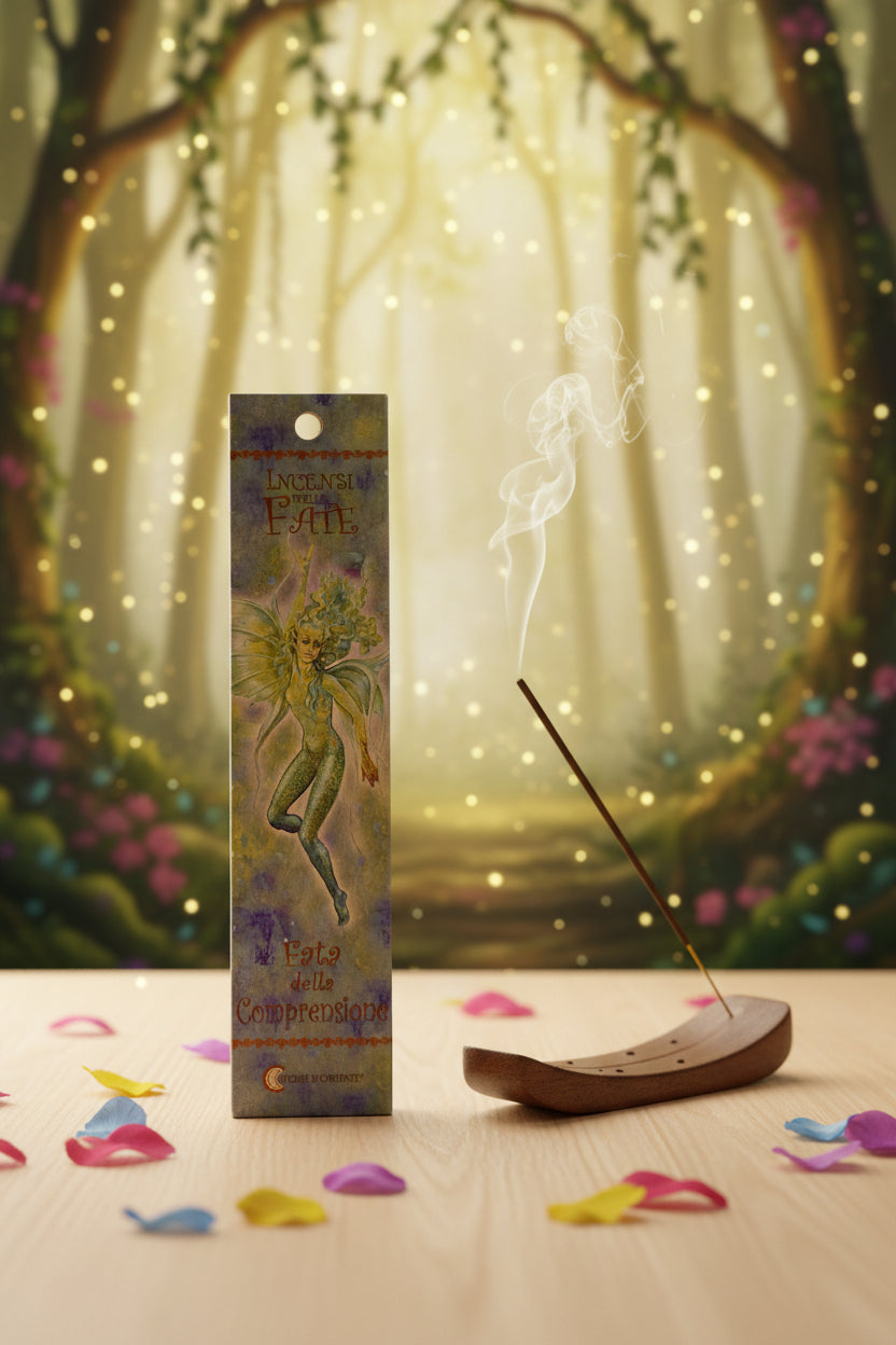 Incenso Fiore d'Oriente Linea delle Fate Fata della Comprensione scatola su legno chiaro con fumo e sfondo bosco incantato magico - Erboristeria La Clessidra Carpi