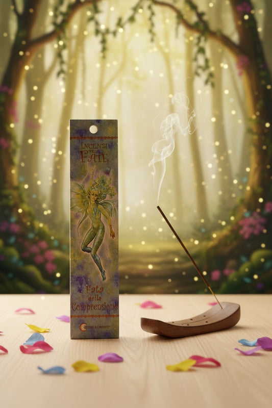 Incenso Fiore d'Oriente Linea delle Fate Fata della Comprensione scatola su legno chiaro con fumo e sfondo bosco incantato magico - Erboristeria La Clessidra Carpi