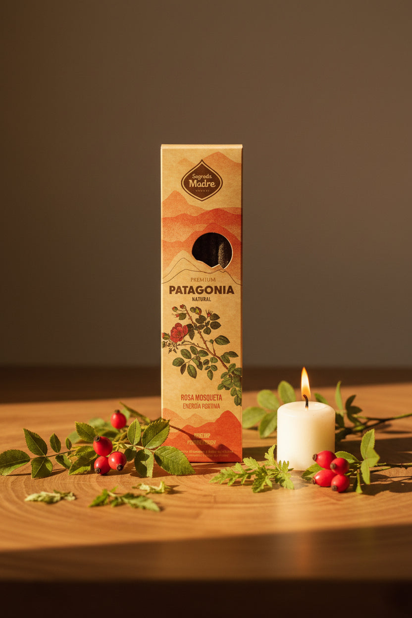 Incenso Sagrada Madre Rosa Mosqueta su legno con fiori e candela - Erboristeria La Clessidra Carpi
