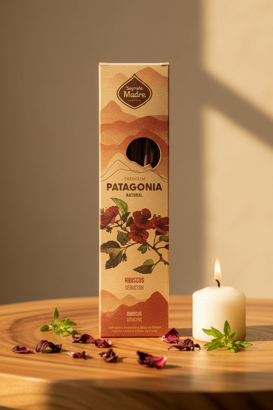Incenso Sagrada Madre Hibiscus su legno con fiori e candela accesa - Erboristeria La Clessidra Carpi