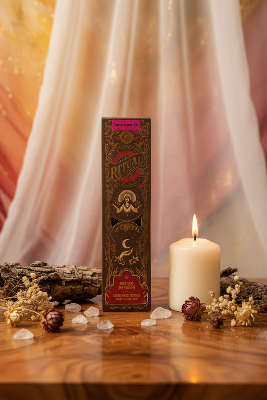 Incenso Sagrada Madre Amor Proprio su legno con cristalli candela
 e organza - Erboristeria La Clessidra Carpi
