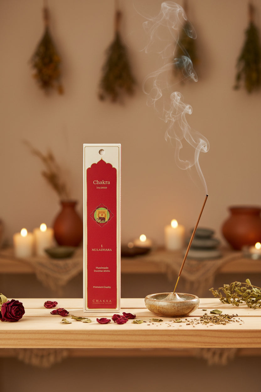 Incenso Primo Chakra Muladhara Fiore d'Oriente con stick acceso in atmosfera olistica – Erboristeria La Clessidra Carpi