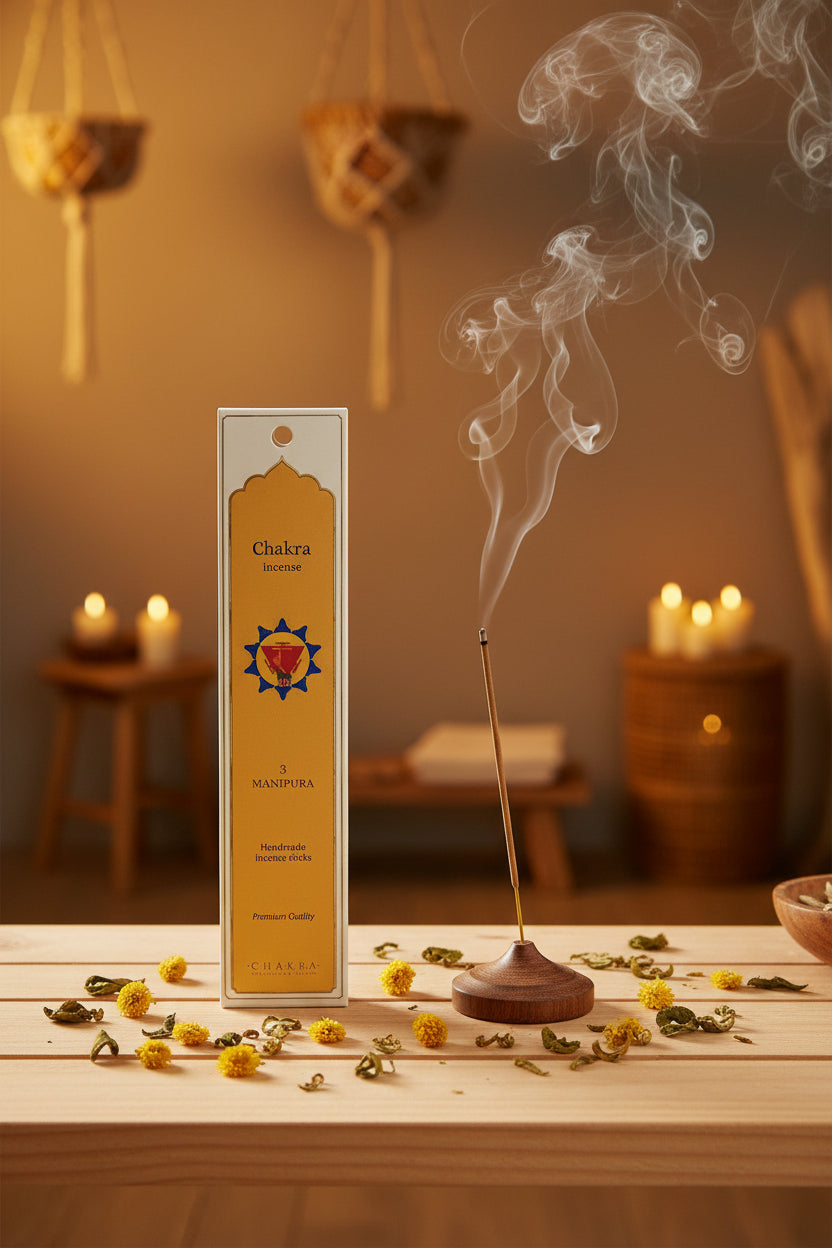 Incenso Terzo Chakra Manipura Fiore d'Oriente con stick acceso in atmosfera olistica – Erboristeria La Clessidra Carpi