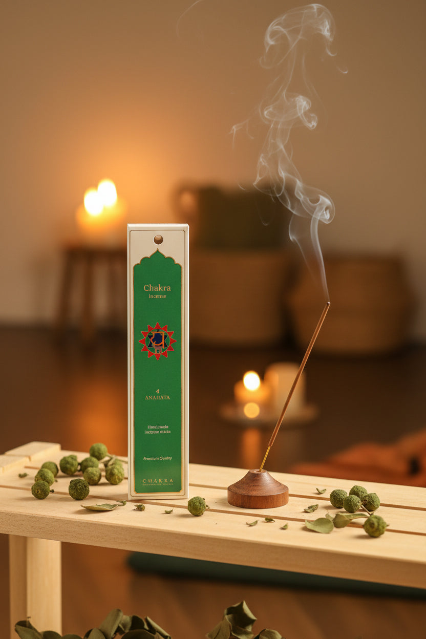 Incenso Quarto Chakra Anahata Fiore d'Oriente con stick acceso in atmosfera olistica – Erboristeria La Clessidra Carpi