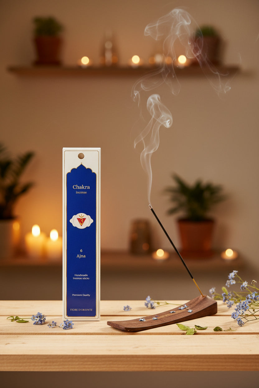 Incenso Sesto Chakra Ajna Fiore d'Oriente con stick acceso in atmosfera olistica – Erboristeria La Clessidra Carpi