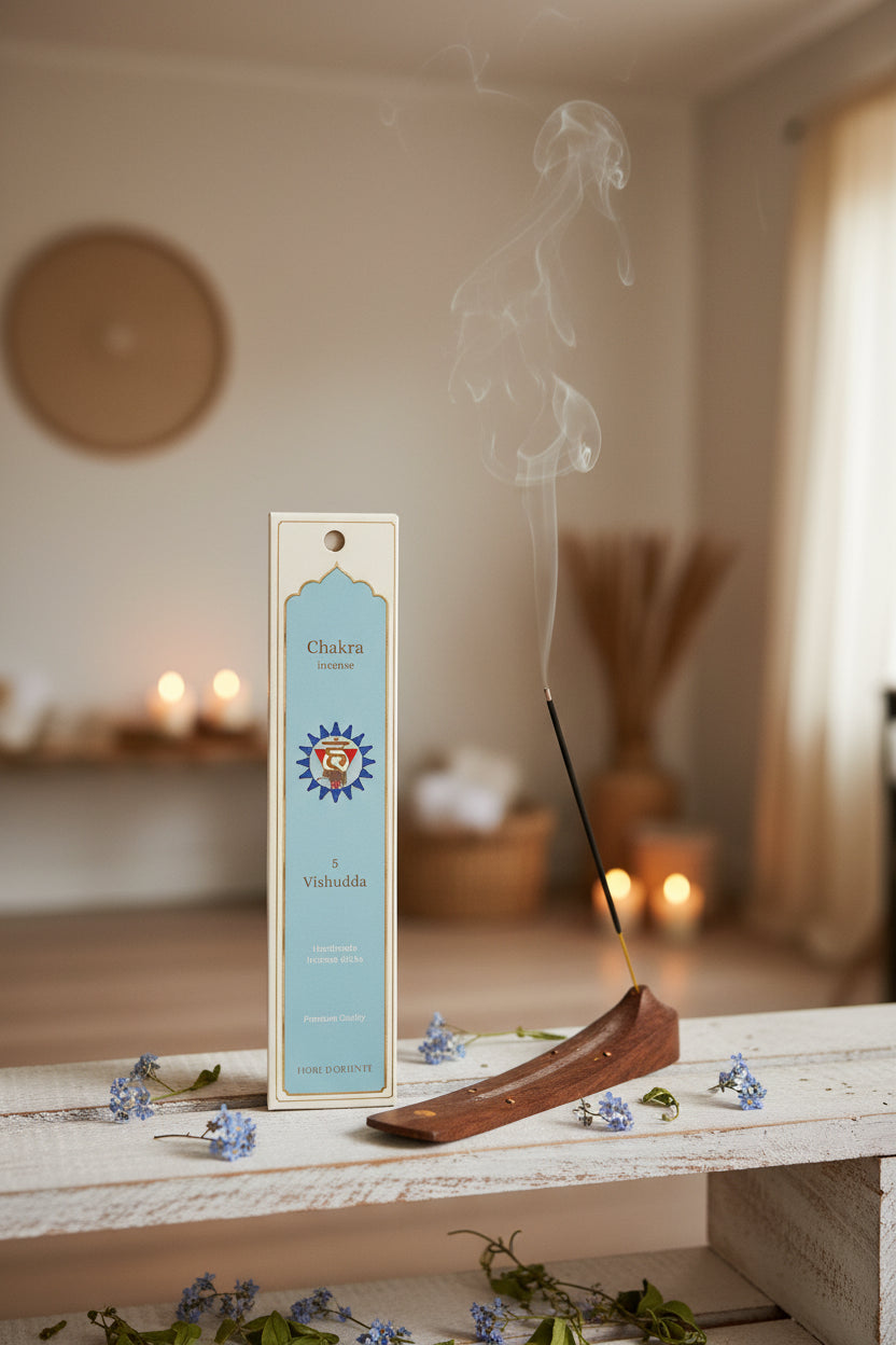 Incenso Quinto Chakra Vishuddha Fiore d'Oriente con stick acceso in atmosfera olistica – Erboristeria La Clessidra Carpi