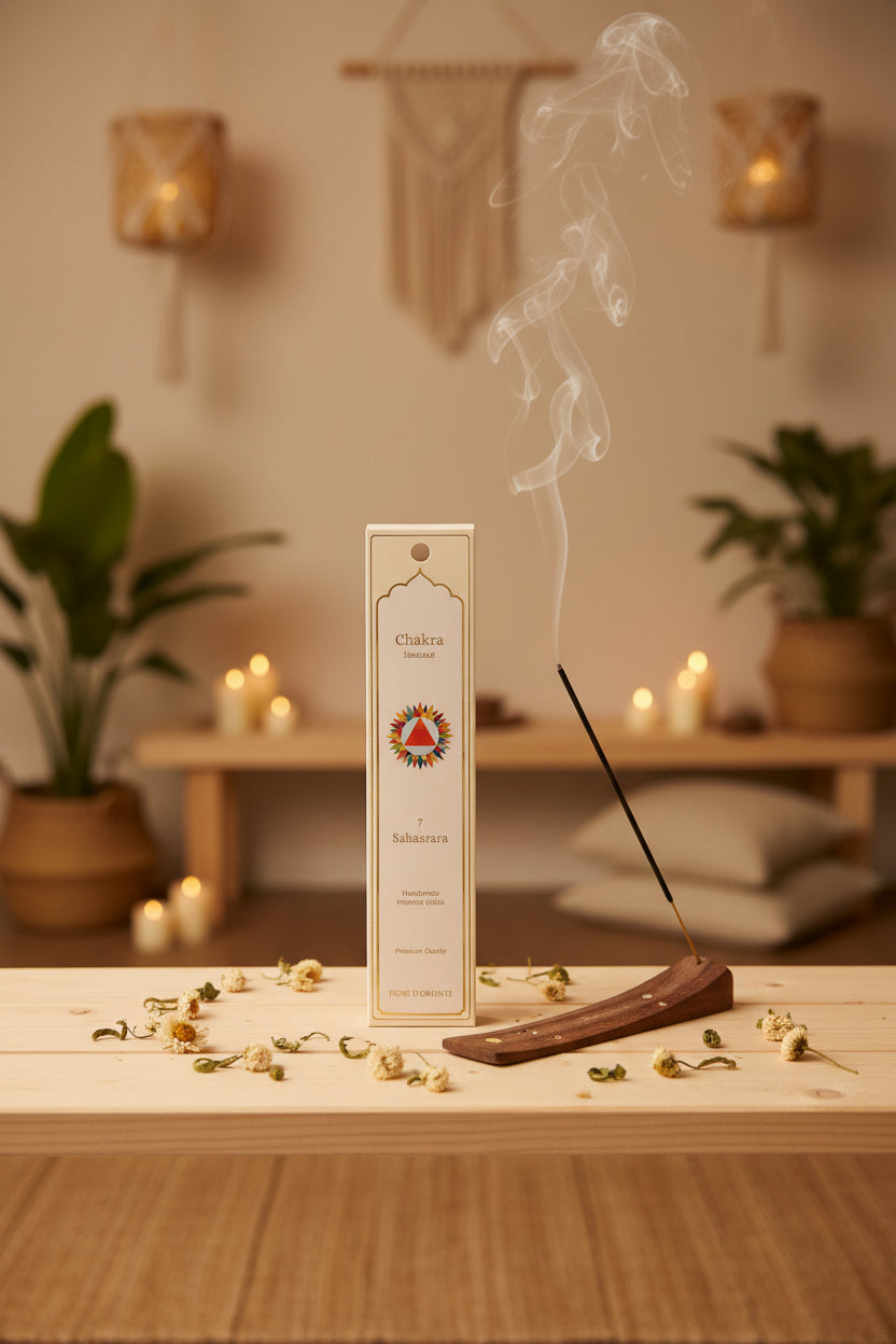 Incenso Settimo Chakra Sahasrara Fiore d'Oriente con stick acceso in atmosfera olistica – Erboristeria La Clessidra Carpi