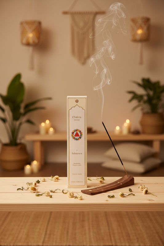Incenso Settimo Chakra Sahasrara Fiore d'Oriente con stick acceso in atmosfera olistica – Erboristeria La Clessidra Carpi