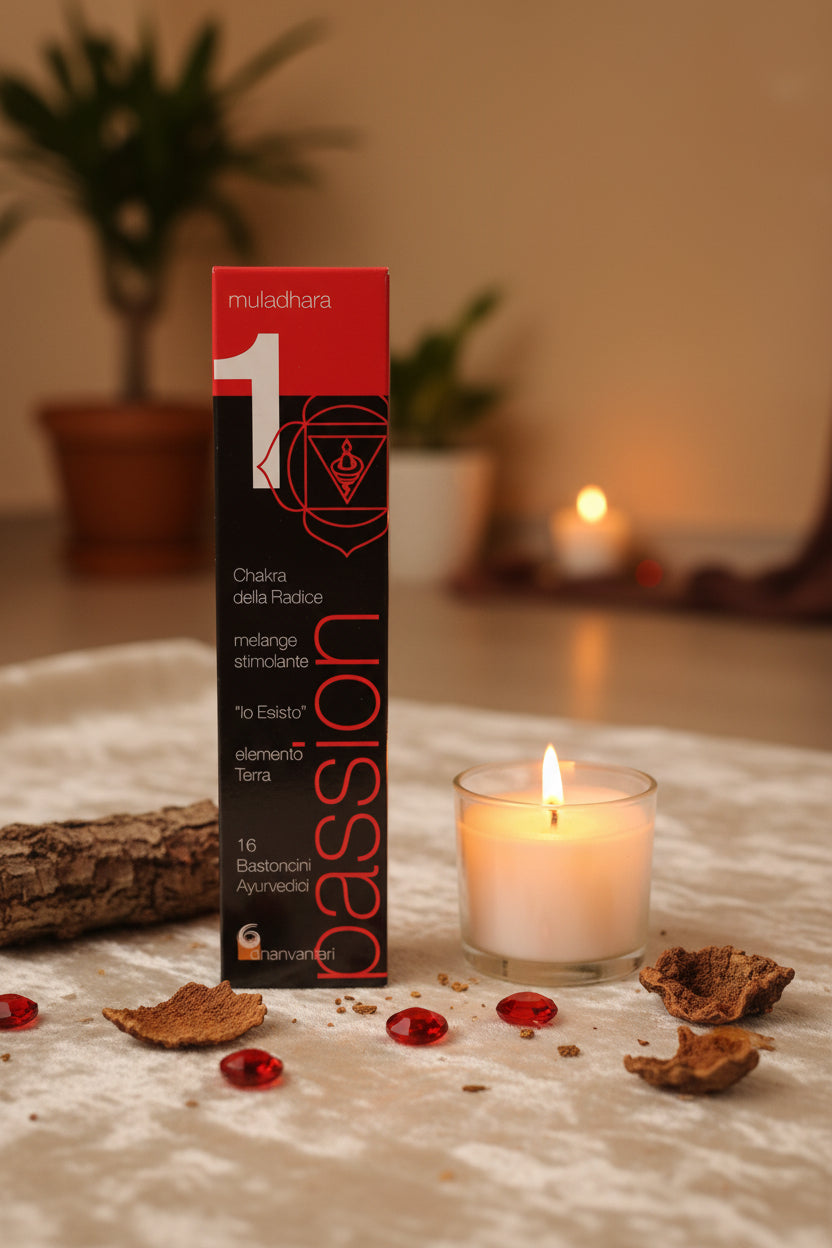 Incenso Dhanvantari Primo Chakra Muladhara con cristalli e candela su velluto beige La Clessidra Carpi