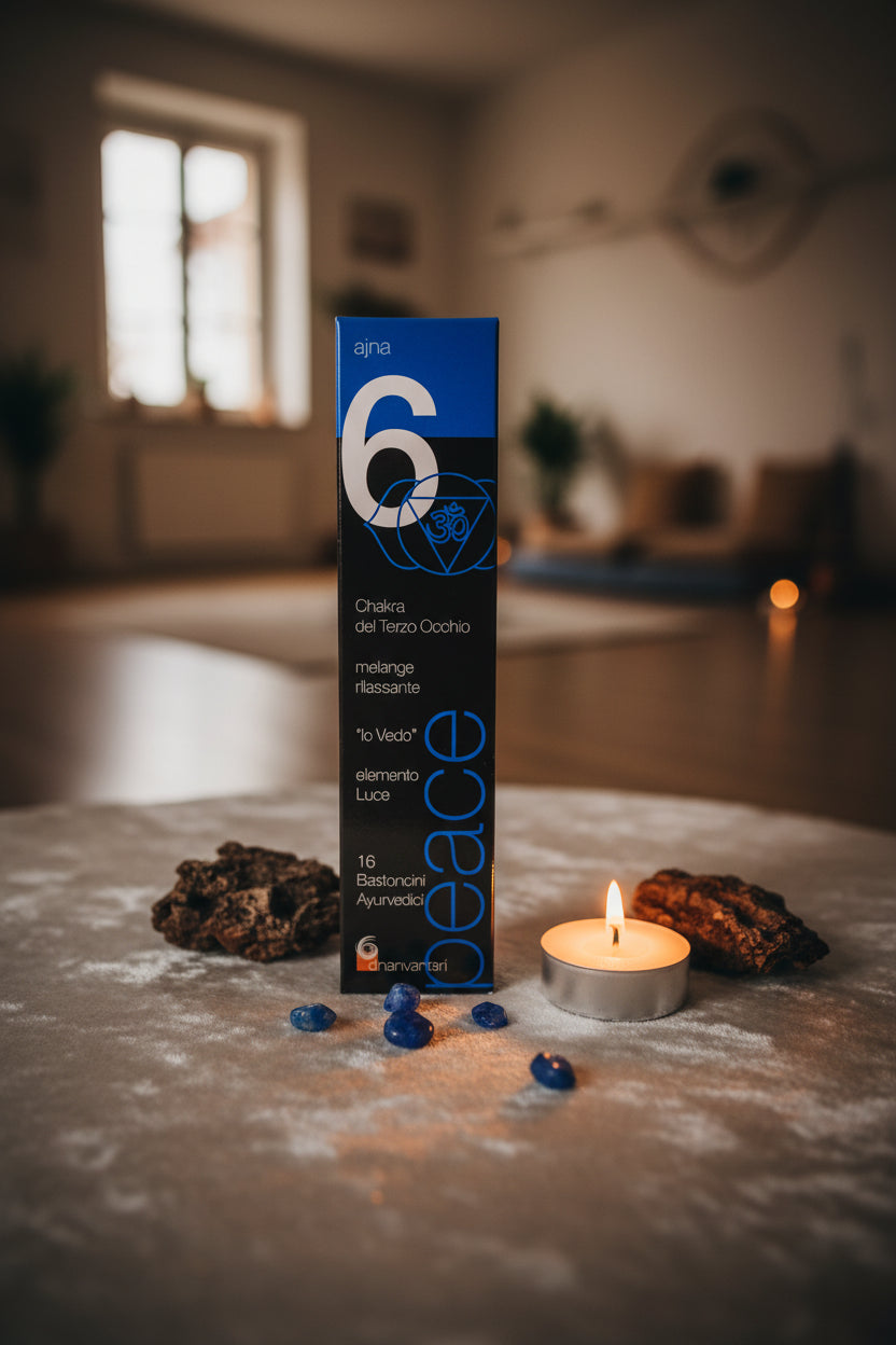  Incenso Dhanvantari Sesto Chakra Ajna con cristalli e candela su velluto beige Erboristeria La Clessidra Carpi