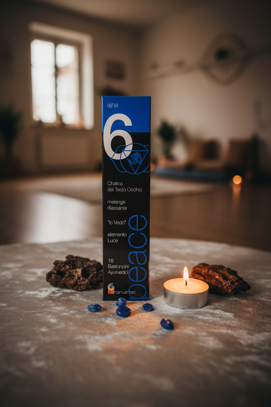 Incenso Dhanvantari Sesto Chakra Ajna con cristalli e candela su velluto beige Erboristeria La Clessidra Carpi