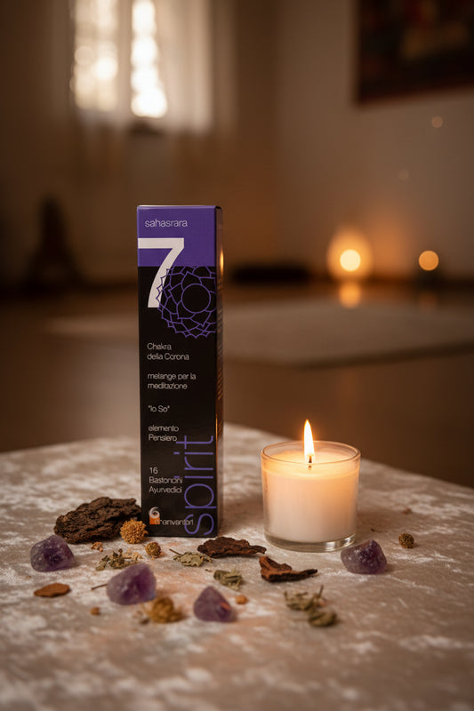 Incenso Dhanvantari Settimo Chakra Sahasrara con cristalli e candela su velluto beige La Clessidra Carpi