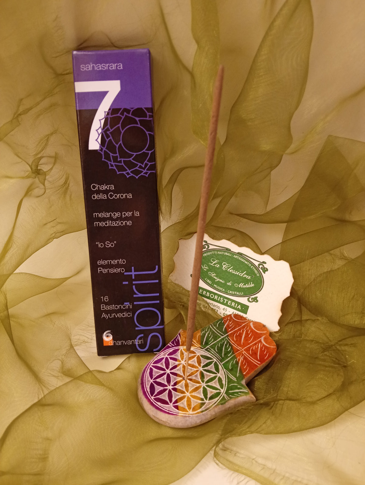 Incenso Dhanvantari Settimo Chakra Sahasrara confezione con bastoncino in portaincenso La Clessidra Carpi