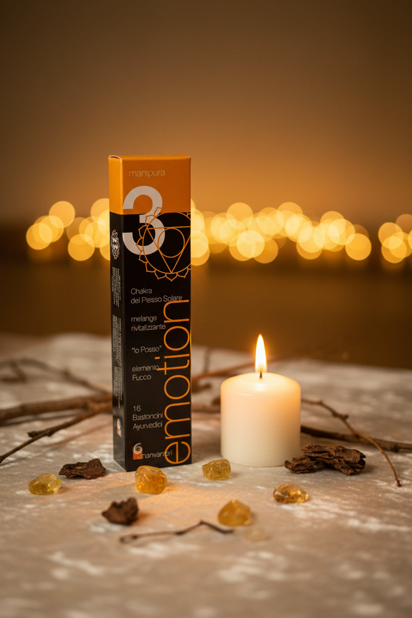 Incenso Dhanvantari Terzo Chakra Manipura con cristalli e candela su velluto beige Erboristeria La Clessidra Carpi