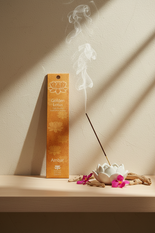 Incenso Amber Ambra Fiore d'Oriente Linea Golden Lotus su mensola di legno chiaro con parete beige, atmosfera spa zen, acquistabile da Erboristeria La Clessidra Carpi.