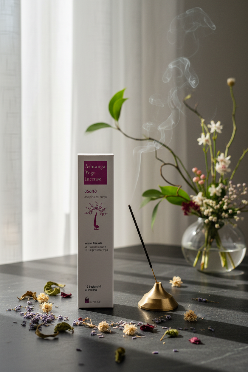 Incenso ayurvedico Dhanvantari Asana Disciplina del corpo  con fiori secchi e Ikebana e stick di incenso acceso da Erboristeria La Clessidra Carpi