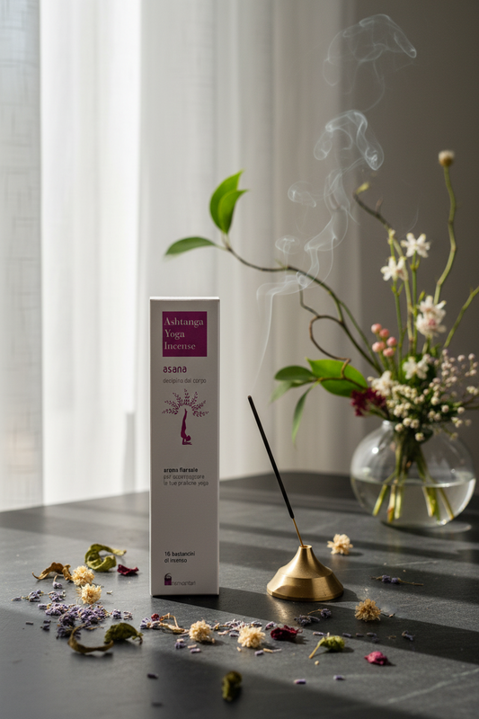 Incenso ayurvedico Dhanvantari Asana Disciplina del corpo  con fiori secchi e Ikebana e stick di incenso acceso da Erboristeria La Clessidra Carpi