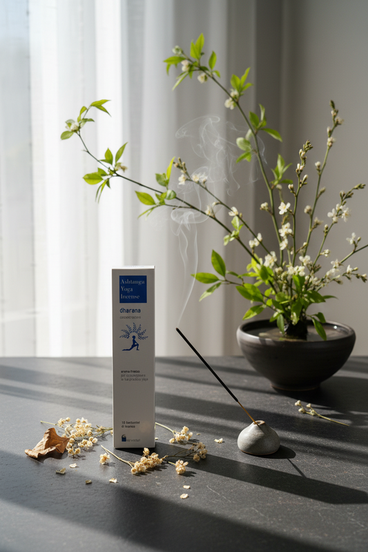 Incenso ayurvedico Dhanvantari Dharana Concentrazione con fiori secchi, decoro Ikebana e stick di incenso acceso da Erboristeria La Clessidra Carpi