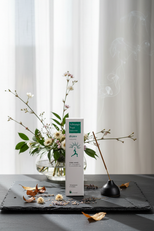 Incenso ayurvedico Dhanvantari Dhyana Meditazione con fiori secchi, Ikebana e stick di incenso acceso da Erboristeria La Clessidra Carpi