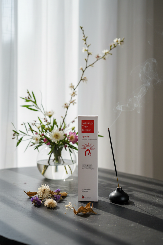 Incenso ayurvedico Dhanvantari Nyama Equilibrio nelle relazioni con fiori secchi, Ikebana e stick acceso da Erboristeria La Clessidra Carpi