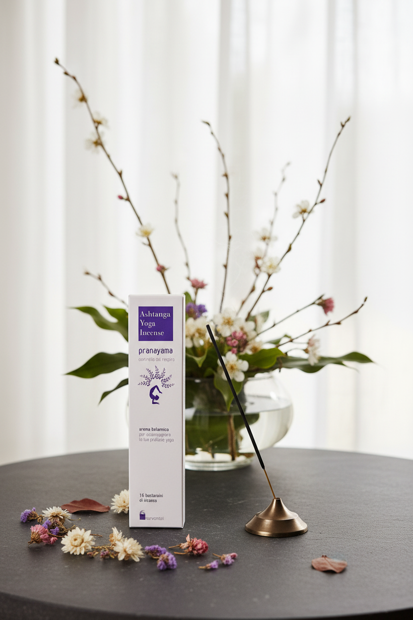 Incenso ayurvedico Dhanvantari Pranayama Controllo del respiro con fiori secchi, Ikebana e stick acceso da Erboristeria La Clessidra Carpi.