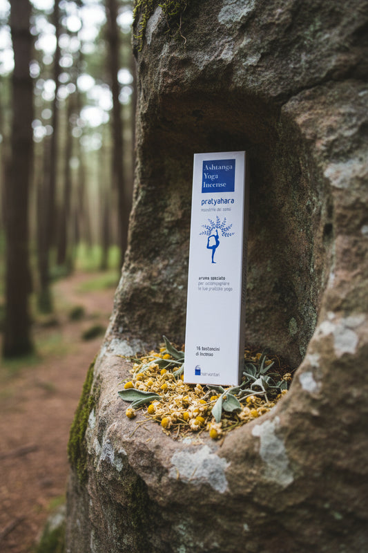 Astuccio incenso naturale Pratyahara Maestria dei sensi Dhanvantari linea Ashtanga Yoga in nicchia di roccia da Erboristeria La Clessidra Carpi