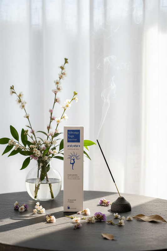 Incenso ayurvedico Dhanvantari Pratyahara Maestria dei sensi con fiori secchi, Ikebana e stick acceso da Erboristeria La Clessidra Carpi