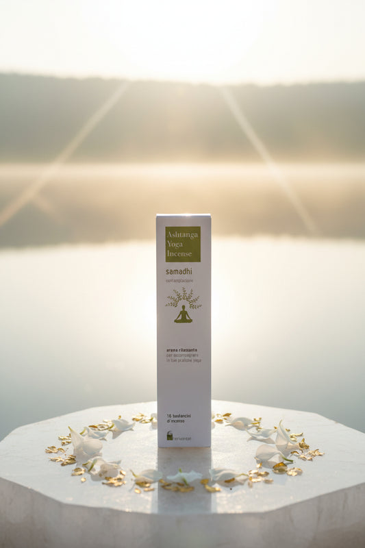 Astuccio incenso naturale Samadhi Contemplazione Dhanvantari linea Ashtanga Yoga su quarzo bianco, sfondo su lago, da Erboristeria La Clessidra Carpi.