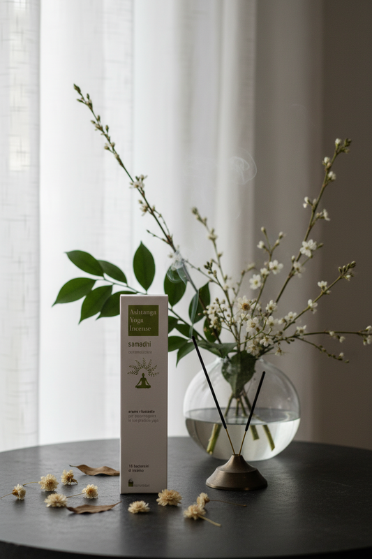Incenso ayurvedico Dhanvantari Samadhi Contemplazione con fiori secchi, Ikebana e stick acceso da Erboristeria La Clessidra Carpi.