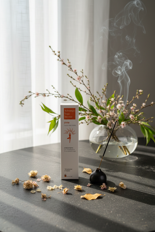 Incenso ayurvedico Dhanvantari Yama Ricerca della felicità con fiori secchi, Ikebana e stick acceso da Erboristeria La Clessidra Carpi.