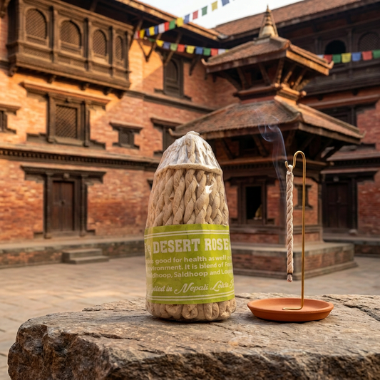 Incenso a corda nepalese Desert Rose (Rosa del Deserto), su una roccia con portaincenso e architettura Newari sullo sfondo