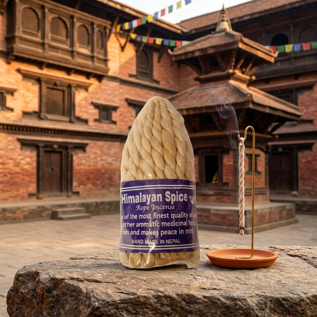 Incenso a corda nepalese Himalayan Spice, su una roccia con portaincenso e architettura Newari sullo sfondo